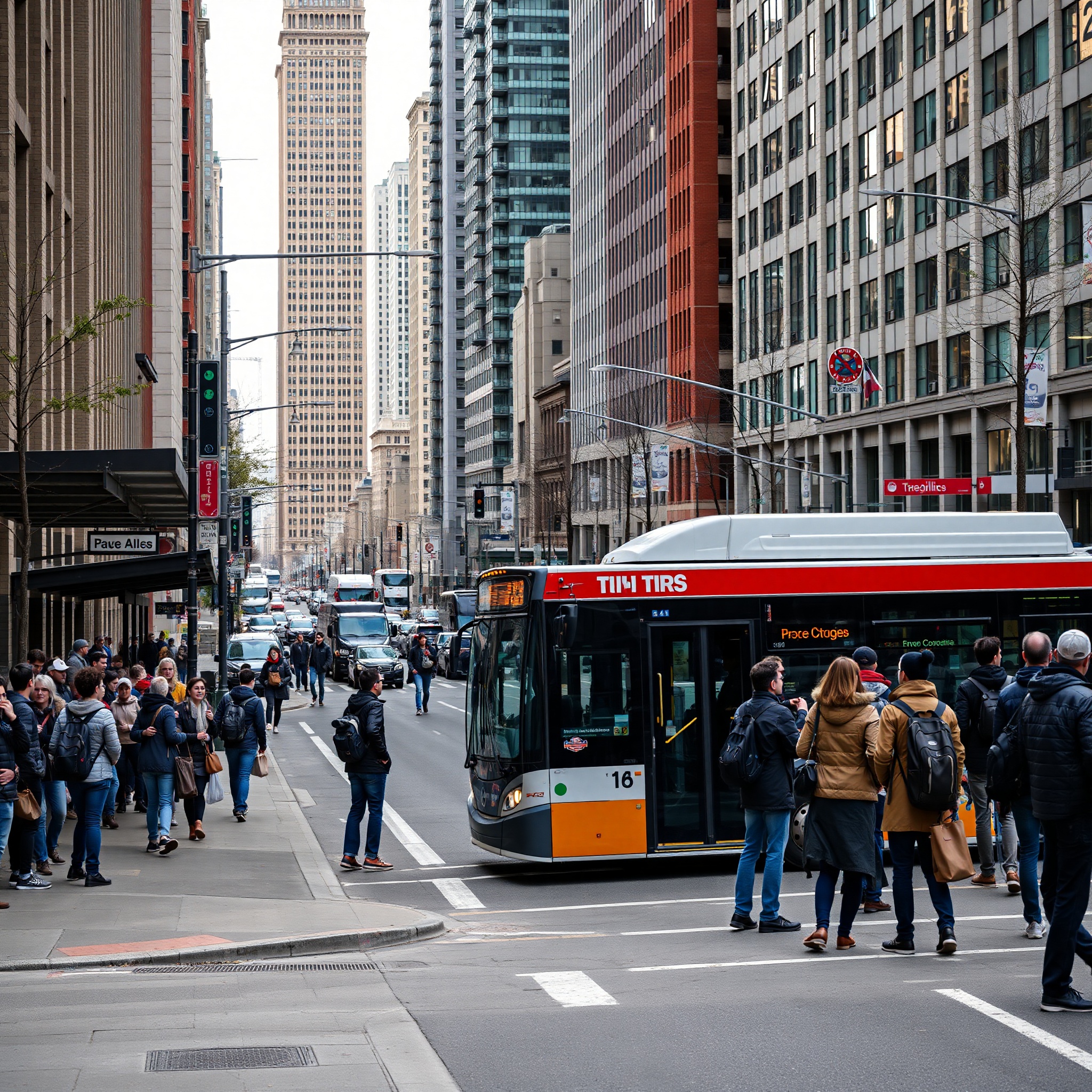 Urban commute scene with transit bus and commuters on Canadian city street