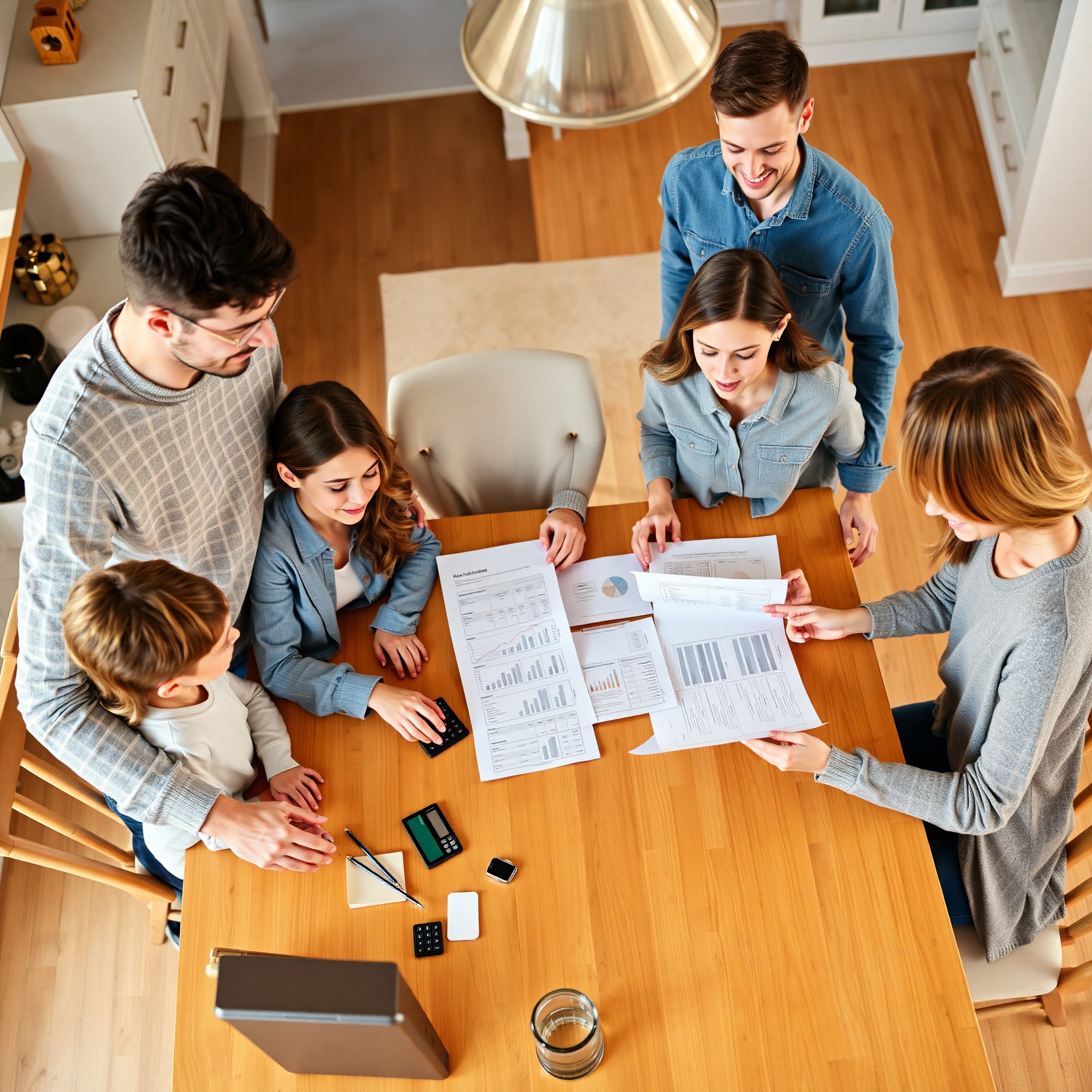 Professional family discussing budget planning at kitchen table with financial documents and notebook, natural home lighting