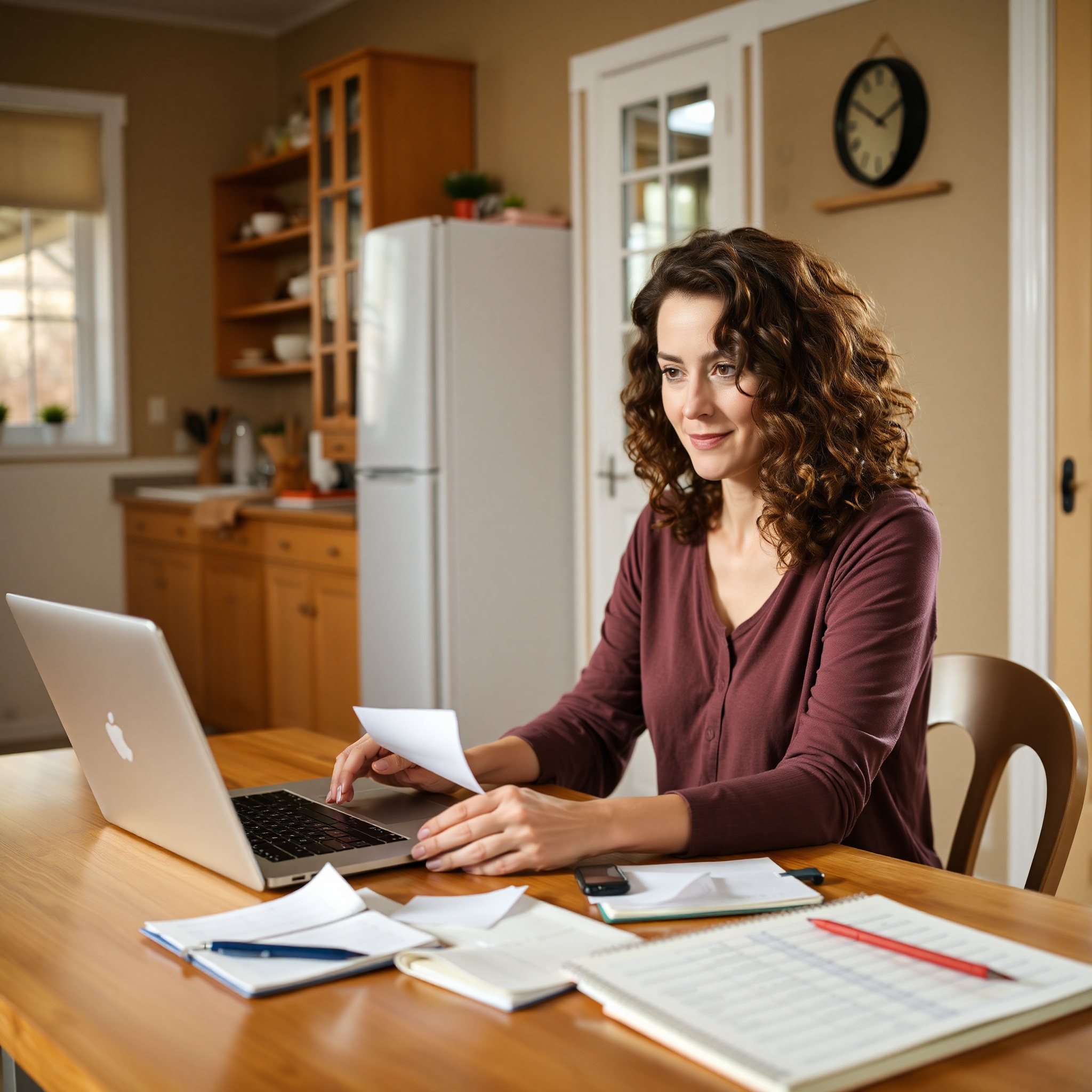 Canadian woman reviewing household budget spreadsheet at kitchen table with receipts and notebook