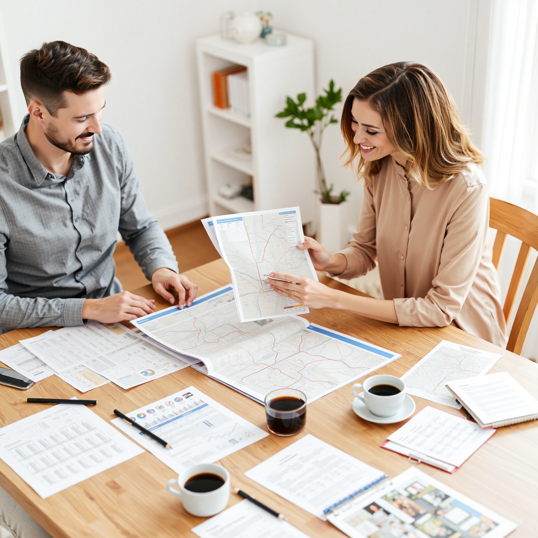 Canadian couple planning transportation and commuting options at dining table with transit maps and documents