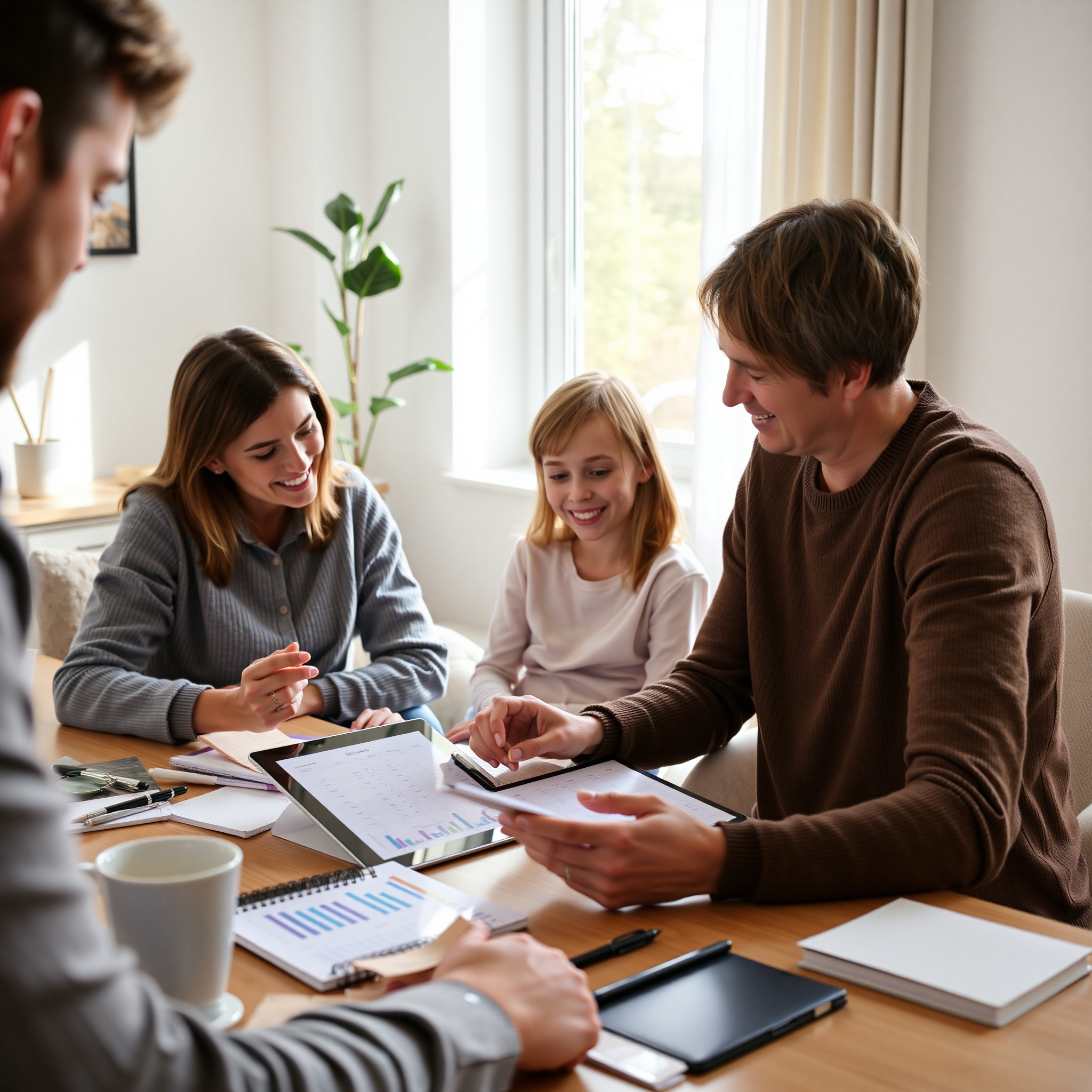 Professional photo of Canadian family reviewing budget spreadsheet at kitchen table with notebook and calculator