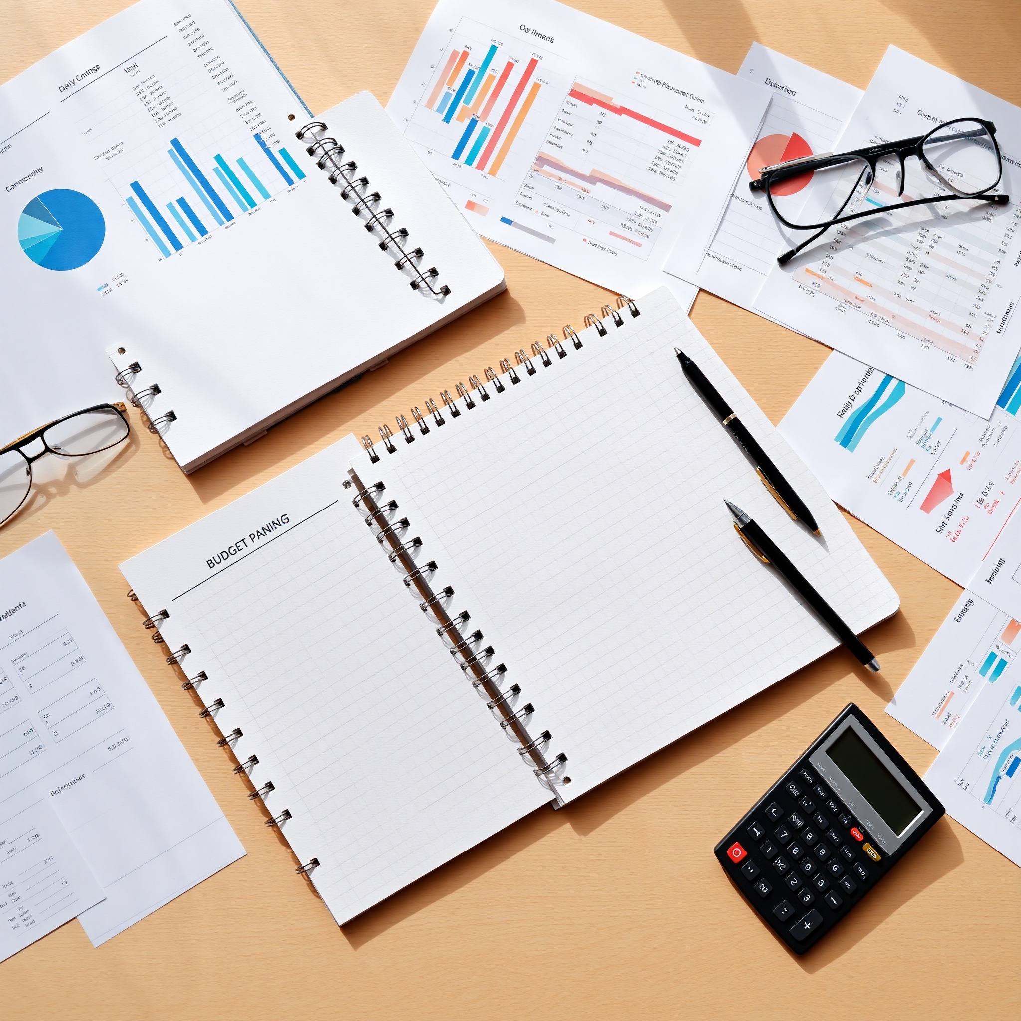 Professional workspace with budget planning documents and calculator