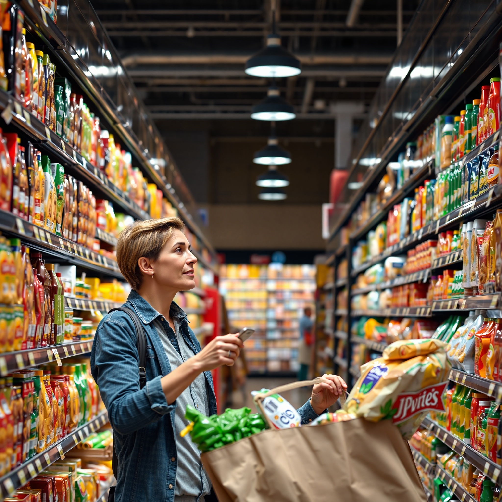 Professional photo of woman shopping at Canadian grocery store comparing product prices and reading labels carefully