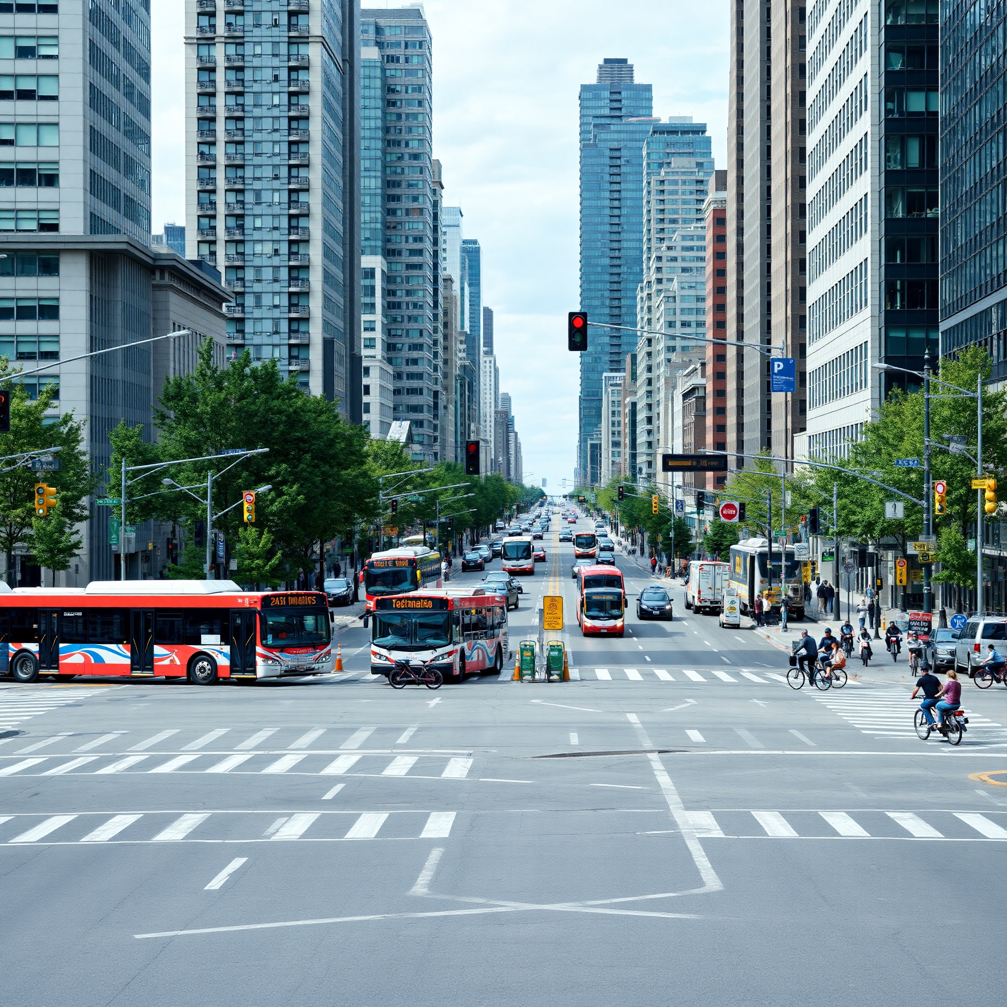 Professional photo of busy Canadian city street with diverse transportation methods including buses, cars, and cyclists