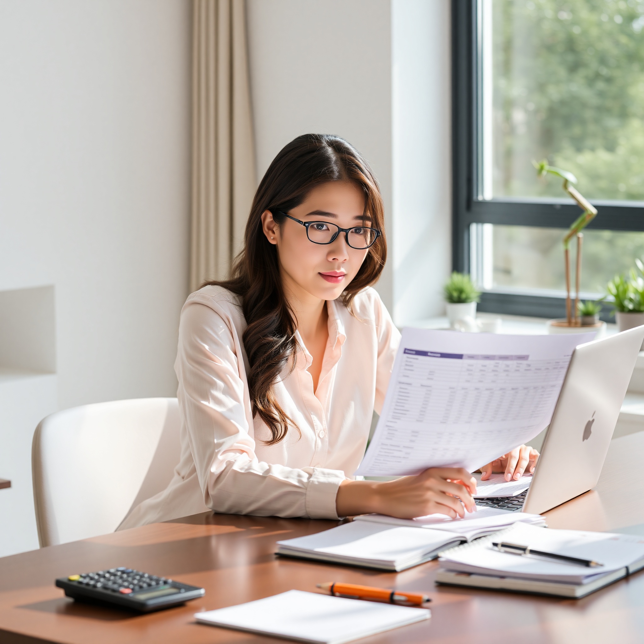Canadian professional woman tracking expenses on laptop with spreadsheet and calculator on desk