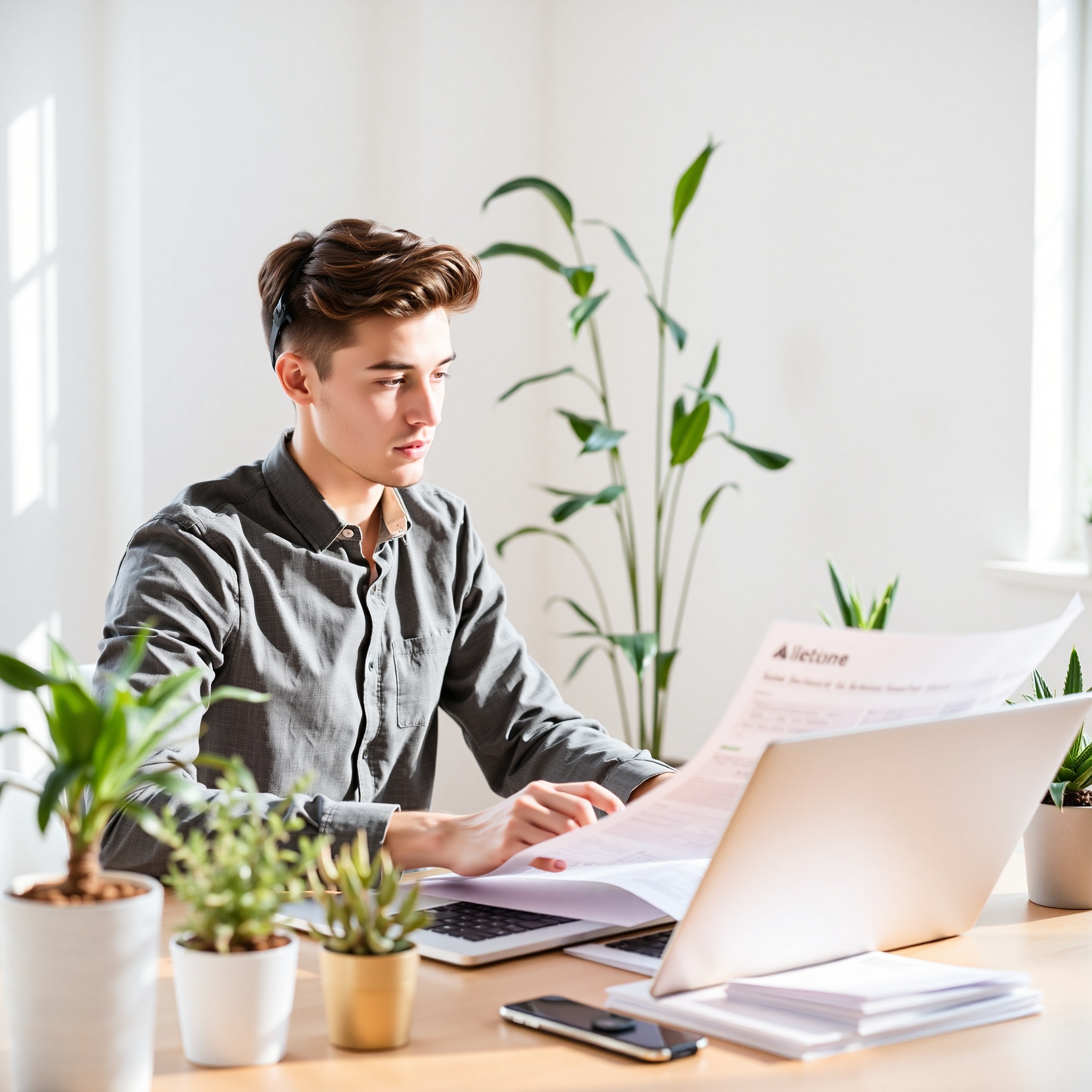 Professional Canadian woman analyzing monthly expense report on tablet in modern home office with financial documents