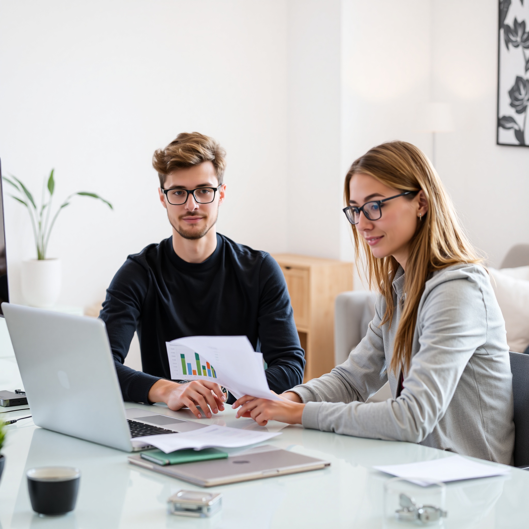 Young Canadian professional sitting at laptop reviewing utility bills and home expenses on screen